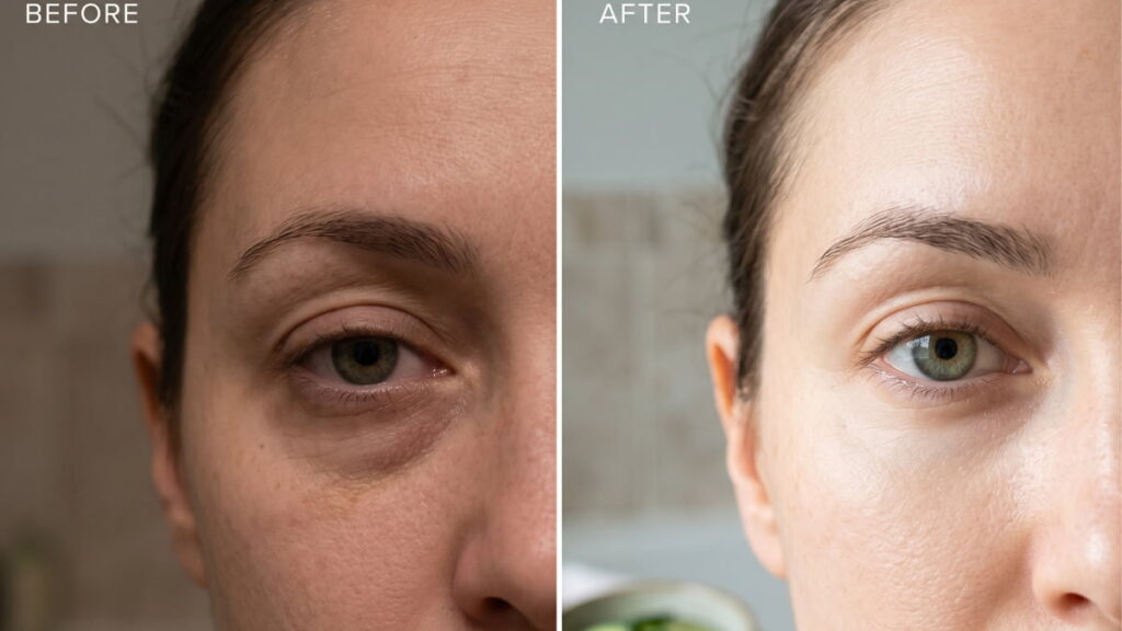 Before and after using cucumber on eyes for dark circles and puffiness