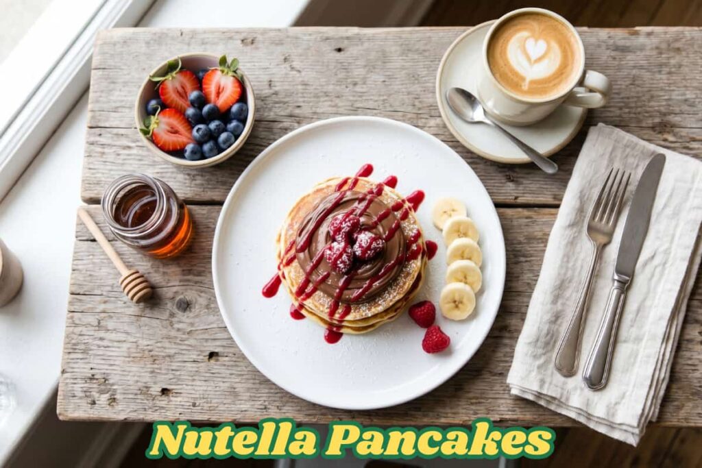 Nutella being poured over a stack of warm pancakes with thick chocolate-hazelnut sauce flowing down, dramatic lighting and high-detail cinematic food photography.