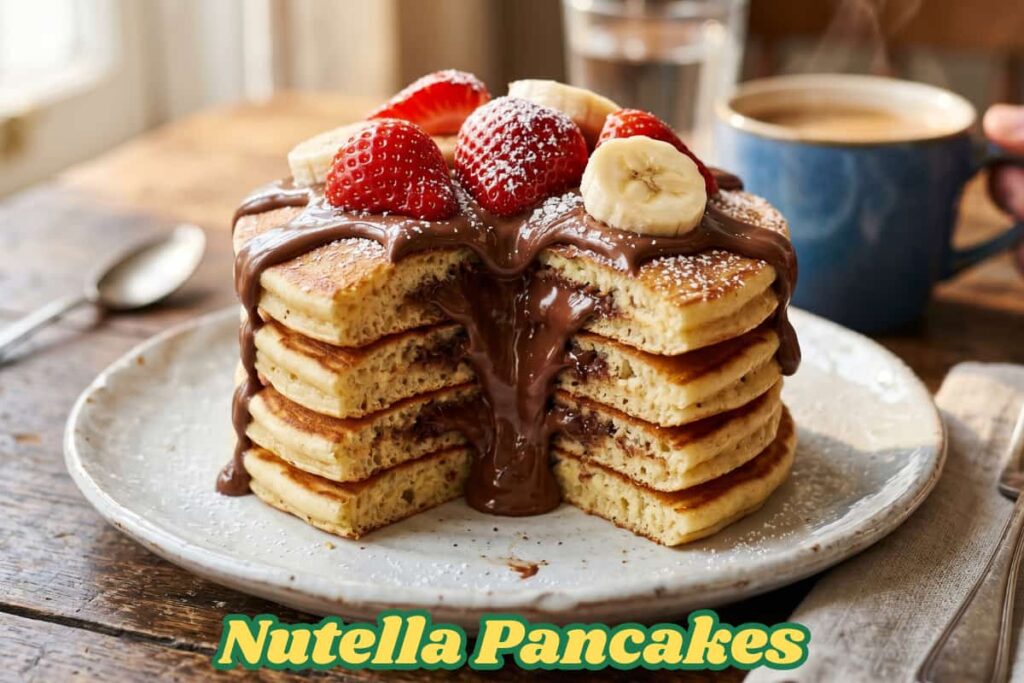 Close-up of fluffy Nutella pancakes being pulled apart with warm melted chocolate-hazelnut filling oozing out, soft steam rising, cinematic food photography with golden lighting.