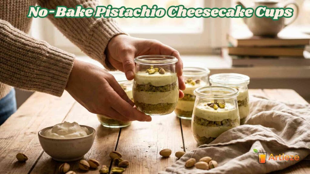 Close-up of a no-bake pistachio cheesecake cup in a glass jar topped with vibrant crushed pistachios and a swirl of whipped cream, shallow depth of field.