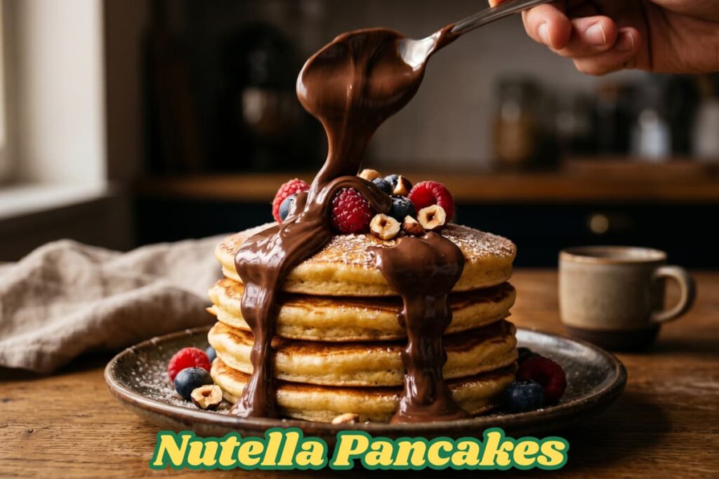 Top view of stacked Nutella pancakes on a white plate surrounded by strawberries, banana slices, maple syrup, and coffee on a rustic wooden table in bright natural light.