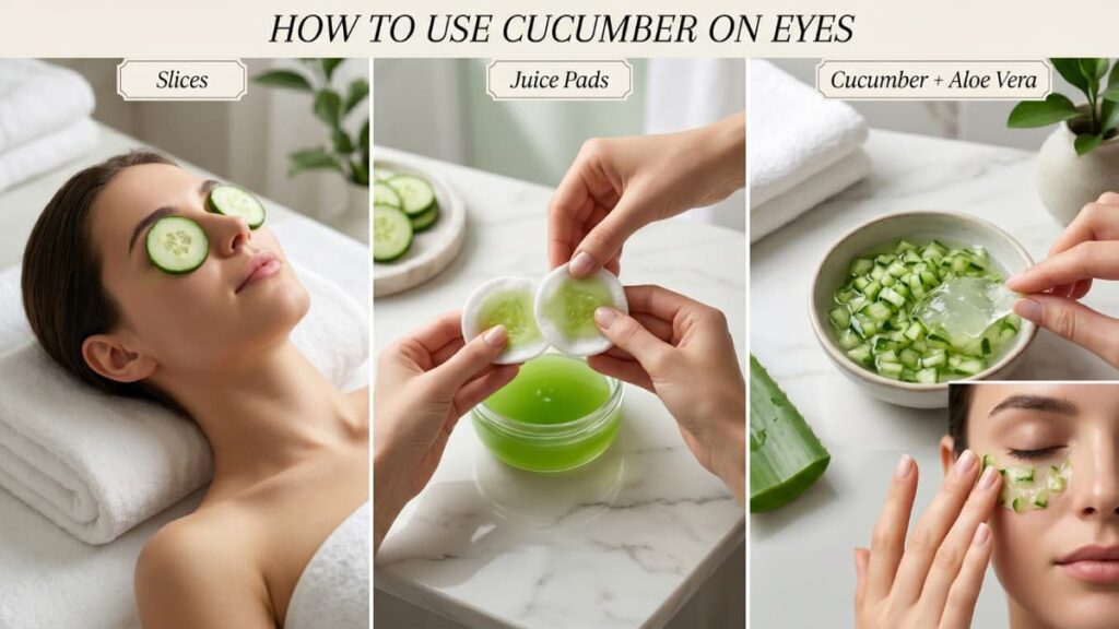 Infographic showing three methods of using cucumber on eyes for puffiness, dark circles, and hydration