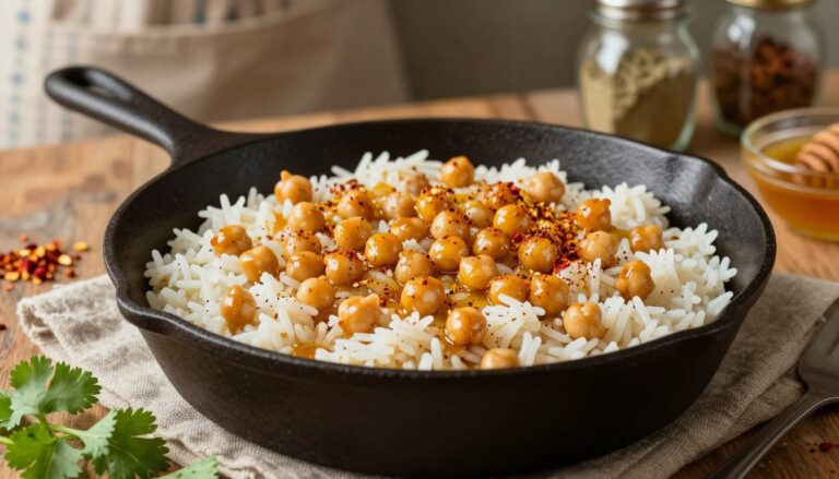 spiced honey butter chickpea rice skillet